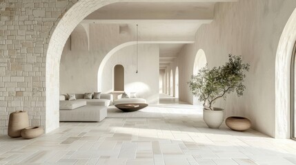 Modern house interior in stone veneer style, natural lighting from window glass.