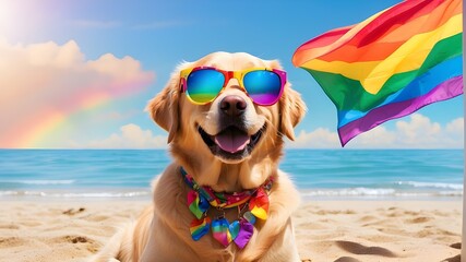 Joyful golden retriever Summertime beach vacationing labrador sporting mirrored multicolored...