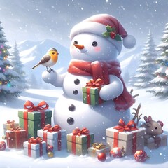 A snowman holding a bird and surrounded by presents.