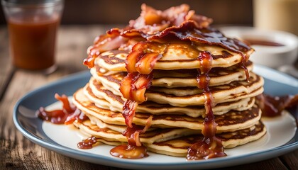 delicious stack of pancakes with maple syrup and bacon on top