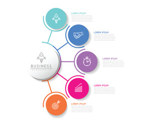 Vector infographic business presentation template with circular interconnection with 5 options.