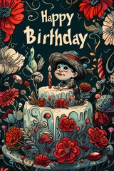 happy birthday greeting card illustration, very artistic and vintage
