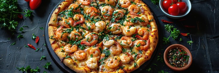 pizza with chicken, shrimp and cheese, closeup, top view, very realistic and professional
