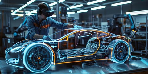 Fototapeta premium An Automotive Engineer Uses Augmented Reality to Construct a 3D Model of a High-Tech Electric Vehicle 