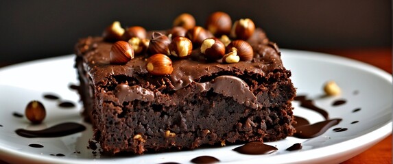 A stack of chocolate brownies on wooden with hazelnut, homemade bakery and dessert. Generative Ai