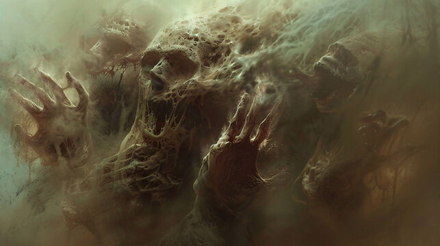 1. Image of a person with floating heads and body parts, surrounded by a blur and haze, featuring poorly drawn hands and feet, and a deformed face with extra limbs and fingers, creating a disfigured
