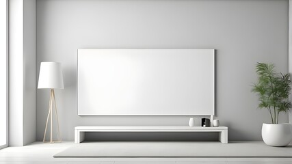 imaginative interior design. Abstract white-grey wall space including a console shelf and an empty, blank television frame. A product presentation template. 3D rendering mockup. duplicate text area