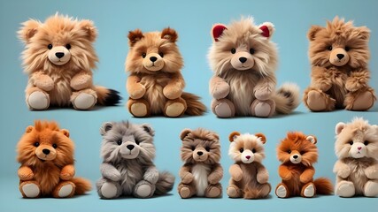 Set of fur plush stuffed animal toy . Many assorted different design. Mockup template for artwork graphic design