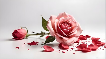 Innovative floral design idea. Gorgeous pink-red rose with dispersed petals and a stalk on a white background. A product presentation display template. view from above, flat. duplicate text area