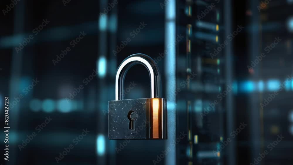 Poster a sturdy metal padlock that symbolizes digital security. in the background you can see servers or da