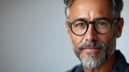 Fototapeta premium close-up portrait of a mature man exuding confidence and satisfaction in his career growth within a startup focused on information and technology