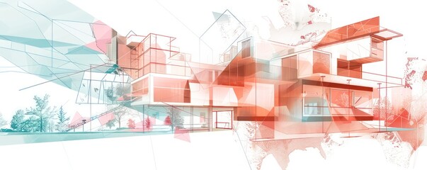 abstract background with geometrical architectural and usa map elements in pastel colors
