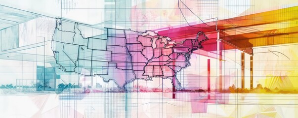 abstract background with geometrical architectural and usa map elements in pastel colors

