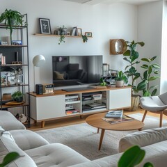 A living room with a white couch, a coffee table, and a TV