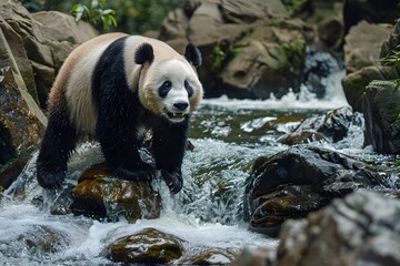 a cute panda on the bank of a river flowing over rocks