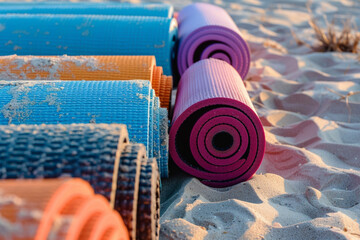 Colorful yoga mats on sandy beach rolled up after a beach sunrise yoga class, Generative AI