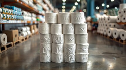Rolls of toilet paper stacked up in a warehouse. 