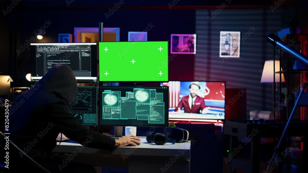Poster spy using green screen pc in secret hideout to steal valuable data by hacking, getting attacks rejec