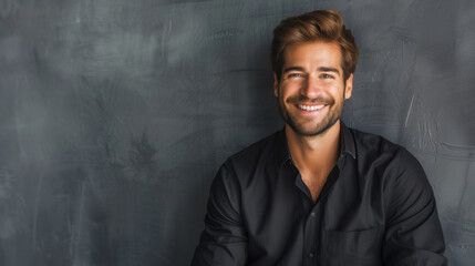 Fototapeta premium Smiling young man in casual black shirt against dark background