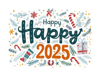 happy 2025 illustration with christmas elements on a white background
