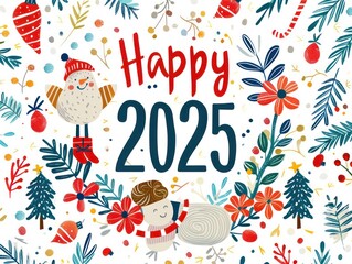 happy 2025 illustration with christmas elements on a white background
