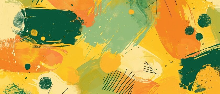 illustration of abstract yellow green orange background with various shapes and splashes of paint forming seamless design
