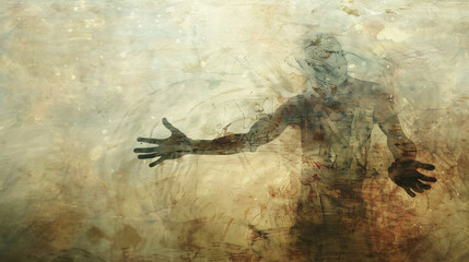 4. Artistic depiction of a human figure with blurred and deformed hands, featuring an extra head and fingers, set against a hazy, grainy background with body parts out of frame