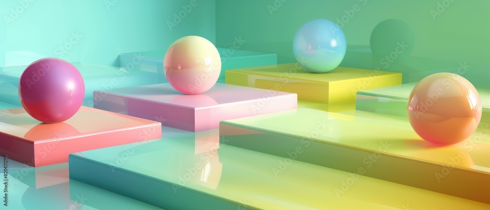 Poster illustration of colorful geometric shapes of smooth and shiny spheres on steps of square platforms a