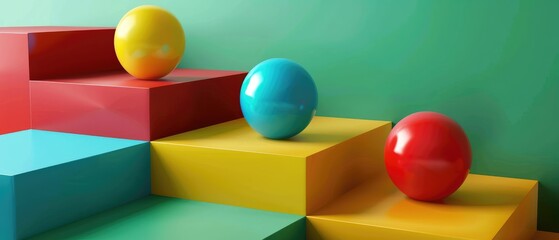 colorful geometric shapes of smooth and shiny spheres on steps of square platforms against green blue yellow background illustration