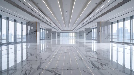 commercial office building empty interior with white marble floor, very clean and minimal look
