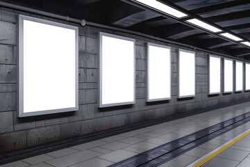 Vertical white billboard mock-up in a subway station