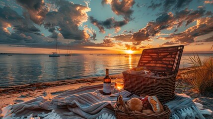A Picnic basket with food and wine on the beach at sunset