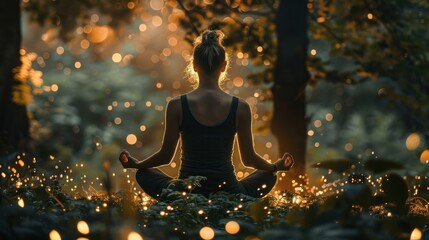 Obraz premium Women practice yoga meditation in nature, reaching mindfulness, spiritual awareness and nirvana.