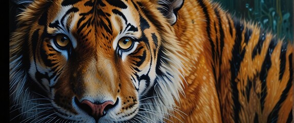 A gleaming endangered species, its intricate patterns and vibrant colors tell a tale of natural beauty on the brink of extinction. This acrylic painting captures the magnificence of a majestic tiger, 