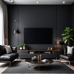 Mockup dark blue wall of living room with leather sofa on wood flooring- 3D rendering