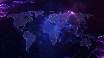 world map made up of dots, modern and technological blue-violet color with shinny lines, dark background