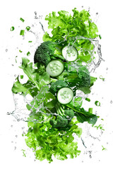Obraz premium Floating green vegetables with water splash isolated on white background