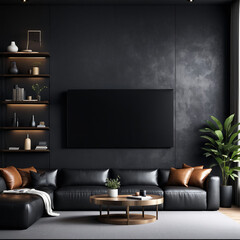 Mockup dark blue wall of living room with leather sofa on wood flooring- 3D rendering