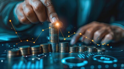 Businessman analyzes the growth of financial graphs Business development with global network connections to increase sales data Business strategy and planning