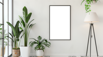 Mock-up of room interior with empty wall poster and flower vase