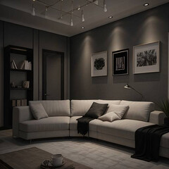 Fototapeta premium Mockup dark blue wall of living room with leather sofa on wood flooring- 3D rendering