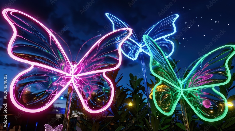 Poster a tranquil background of large, glossy butterflies with translucent wings reflecting a rainbow of co