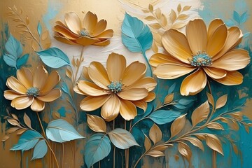 Abstract flowers in oil painting style, 3-dimentional in teal green and gold colors.