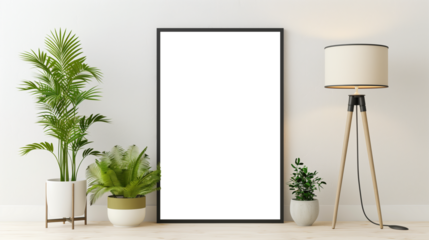 Mock-up of room interior with empty wall poster and flower vase