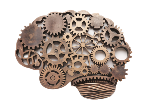 The human brain with mechanical gears isolated on a transparent background