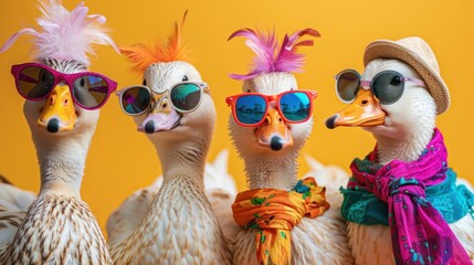A group of ducks in strange clothes Mismatched colorful clothes isolated on bright background advertising, copy space birthday party invitation invitation banner