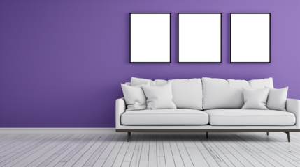 Living room interior design inspiration with empty poster frames on purple walls and a comfortable sofa