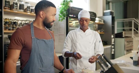 Male chef, cooking class and knife in kitchen for learn, teacher and food for professional skills. Restaurant, workshop or culinary student with sharpen tools, explain and communication for demo