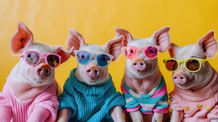 creative animals A group of piglet pigs in strange, mismatched and brightly colored outfits are isolated on a new background ad. birthday party invitation banner - Powered by Adobe