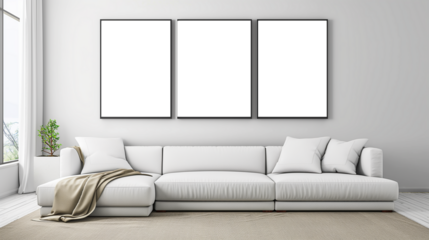 Living room interior design inspiration with empty poster frames on grey walls and a comfortable grey sofa